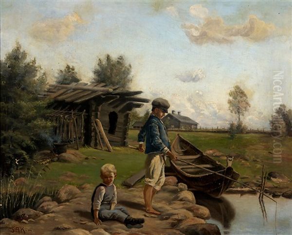 Fishing Boy Oil Painting by Sigfrid August Keinanen