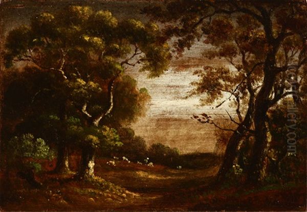 Oak Trees With Distant Grazing Sheep Oil Painting by William Keith