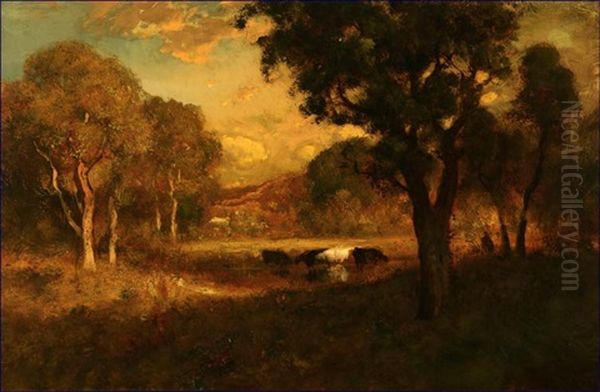 Cows In An Oak Glade Oil Painting by William Keith