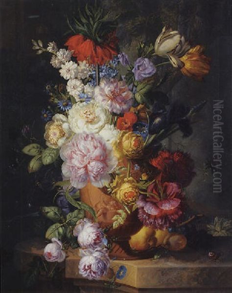 Roses, Parrot Tulips, An Iris, Morning Glory And Other Flowers In A Sculpted Vase On A Ledge, A Fountain And Trees Beyond Oil Painting by Jan Kelderman