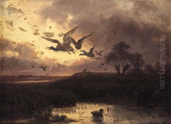 Auffliegende Ganse, Im Hintergrund Ein Jager Oil Painting by Gusztav Keleti