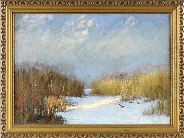 Verschneite Schilfgraslandschaft Mit Fasanen Oil Painting by Gusztav Keleti