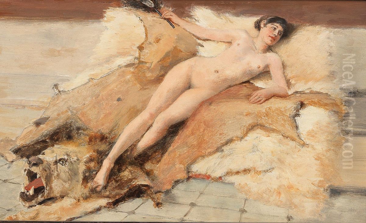 Female Nude On A Lion Pelt Oil Painting by Albert von Keller