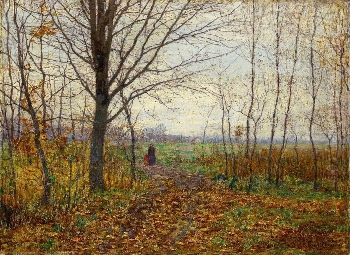 Blick Aus Waldrand Aufvorfruhlingswiesen, Mit Frau Und Kind, Die Aus Dem Waldgehen Oil Painting by Paul Baum