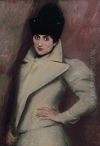 Portrait Einer Dame Mit Weisem Kostum Und Extravagantem Hut Oil Painting by Albert von Keller