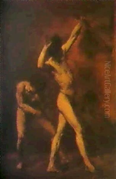 Zwei Nackte Junglinge Beim Bogenschiessen. Oil Painting by Albert von Keller