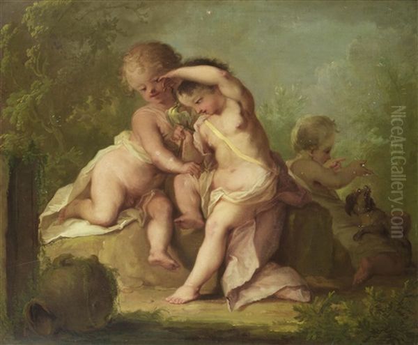 Putti Playing With A Bird And A Dog Oil Painting by Johann-Heinrich Keller