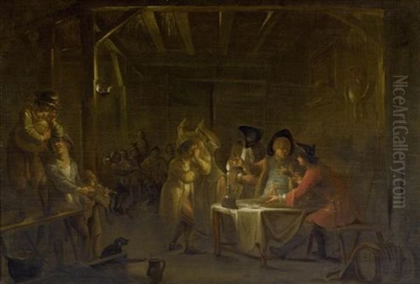 Wirtshausszene Mit Musikanten, Soldaten Und Gasten An Einem Tisch Oil Painting by Johann-Heinrich Keller