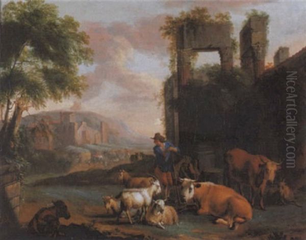 Hirte Mit Kuhen, Ziegen Und Schafen Vor Antiken Ruinen Oil Painting by Johann-Heinrich Keller