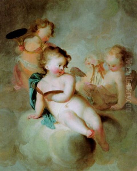 Musizierende Und Malende Putten In Den Wolken, Allegorie Der Musik Und Malerei Oil Painting by Johann-Heinrich Keller