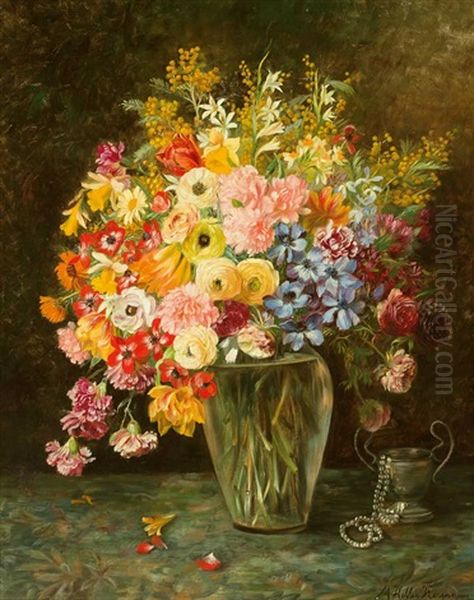 Groses Blumenstilleben In Glasvase Vor Dunklem Hintergrund Oil Painting by Marie Keller-Hermann