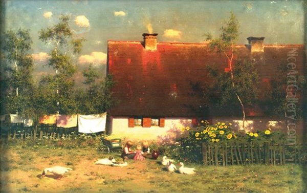 Idyll Auf Dem Lande - Spielende Kinder Und Ganse Im Garten Neben Dem Bauernhaus Oil Painting by Paul Wilhelm Keller-Reutlingen