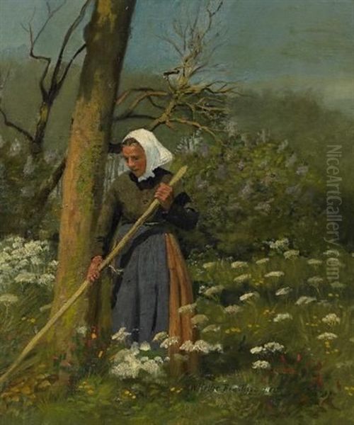 Feldarbeit Auf Der Fruhlingwiese Oil Painting by Paul Wilhelm Keller-Reutlingen