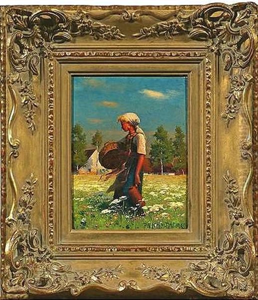 Junge Bauerin Mit Korb Und Kanne In Einer Bluhenden Wiese Stehend Oil Painting by Paul Wilhelm Keller-Reutlingen