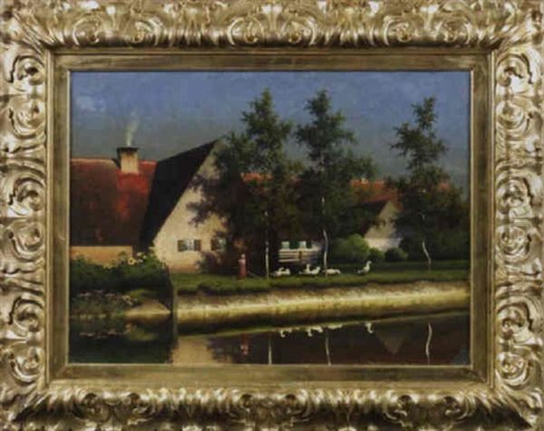 Eine Junge Ganseliesel Steht Vor Einem Bauernhaus Und Hutet Ihre Schutzlinge Oil Painting by Paul Wilhelm Keller-Reutlingen