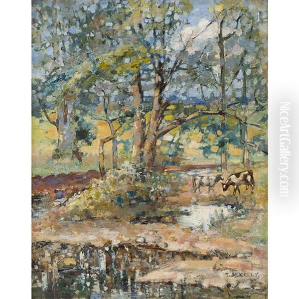 Cattle Watering In A Woodland Glade Oil Painting by Thomas Kelly