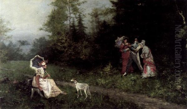 Der Maler Mit Modell Und Gesellschaft Im Freien Oil Painting by Jenoe (Eugen) Kemendy