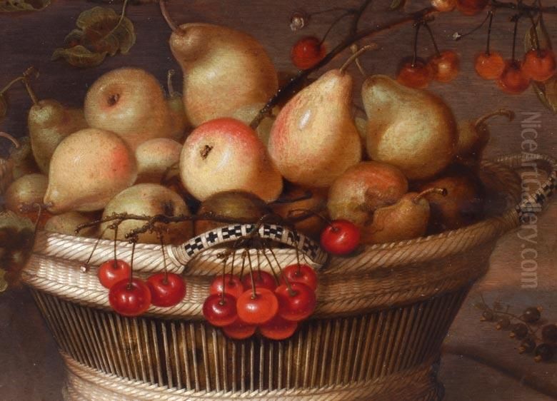 Stilleben Mit Fruchtekorb Und
 Einem Kleinen Affen Oil Painting by Jan, Johannes Baumann