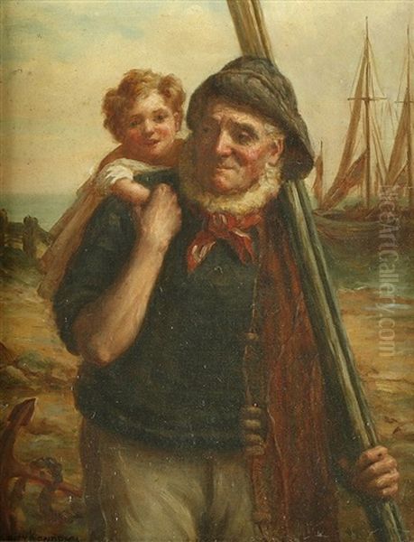 Fisherman Returning With Child On Shoulder Oil Painting by Sydney Percy Kendrick