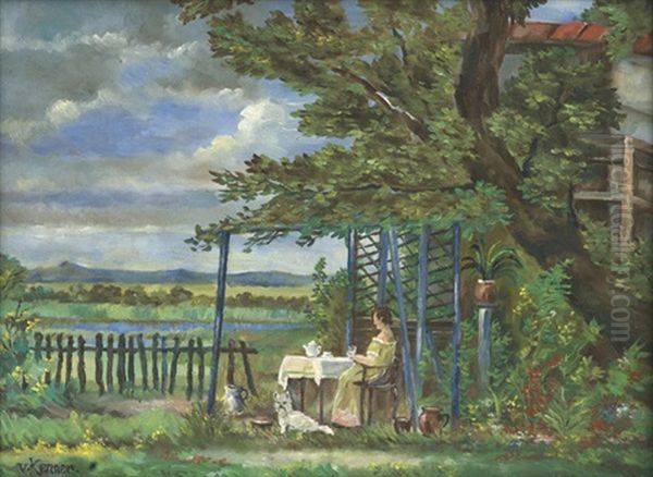 Gartenidylle Mit Sitzender Frau Und Weisem Hundchen Oil Painting by Anton Josef Ritter von Kenner