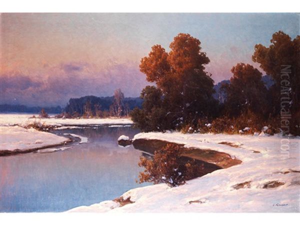 Winterliche Landschaft Mit Verschneiten Ufern An Einem Nach Hinten Ziehenden Flusslauf Mit Baumen In Herbstlicher Verfarbung Oil Painting by Carl Kenzler