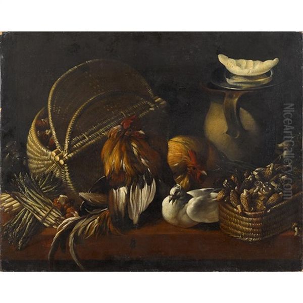 Roosters With Baskets And Earthenware Vessel Oil Painting by Jacob van der (Giacomo da Castello) Kerckhoven