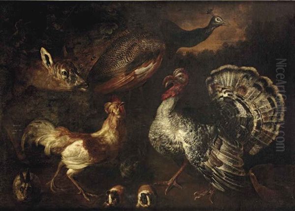 A Wooded Landscape With A Dear, A Peacock, A Turkey And A Cockerel With Rabbits And Guinea-pigs Oil Painting by Jacob van der (Giacomo da Castello) Kerckhoven