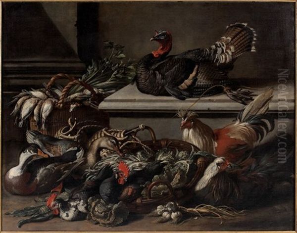 Coqs, Poules, Canard Et Dindon Dans Une Basse-cour Oil Painting by Jacob van der (Giacomo da Castello) Kerckhoven