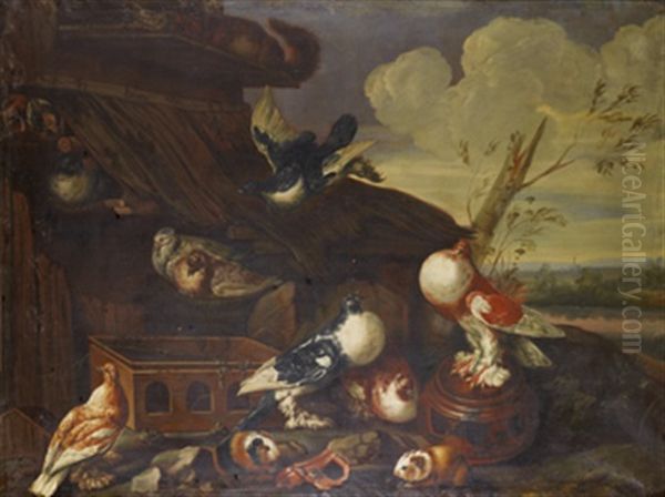 Duvor, Honsfaglar Och Marsvin I Ett Landskap Oil Painting by Jacob van der (Giacomo da Castello) Kerckhoven