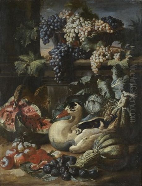 Canards Au Milieu De Pasteques, Pommes, Figues Et Panier De Raisins (+ Crustaces, Panier De Poissons Et Cornet De Fraises Disposes Sur Un Entablement; Pair) Oil Painting by Jacob van der (Giacomo da Castello) Kerckhoven