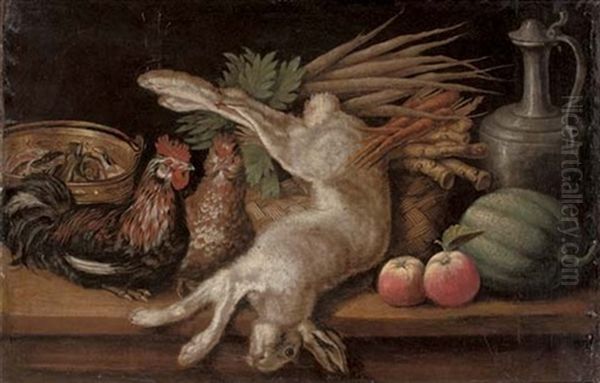 A Hare, Two Hens, Apples, A Melon, Carrots And Turnips In A Woven Basket And A Bucket Of Fish On A Table Oil Painting by Jacob van der (Giacomo da Castello) Kerckhoven