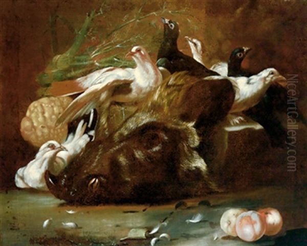 Natura Morta Con Uccelli E La Testa Di Un Cinghiale Oil Painting by Jacob van der (Giacomo da Castello) Kerckhoven