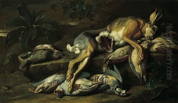 Volatile, Un Papagallo E Porcellini D'india In Un Paese (+ Natura Morta Di Caccia; Pair) Oil Painting by Jacob van der (Giacomo da Castello) Kerckhoven