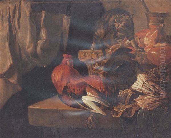 Still Life With Meat And Vegetables On A Ledge, With A Cat And A Cockerel Oil Painting by Jacob van der (Giacomo da Castello) Kerckhoven