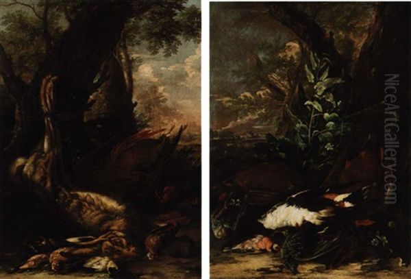 A Still Life With A Duck, Nightingales And A Finch In A Landscape Oil Painting by Jacob van der (Giacomo da Castello) Kerckhoven