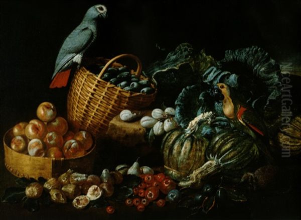 Natura Morta Con Frutta, Verdura E Due Papagalli Oil Painting by Jacob van der (Giacomo da Castello) Kerckhoven