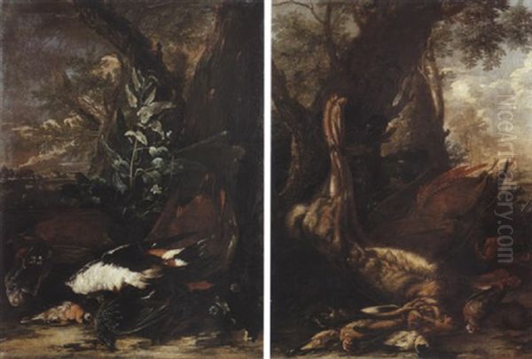 Nature Morte Aux Canards Sauvages, Huppes Et Etourneaux Sur Fond De Paysage Oil Painting by Jacob van der (Giacomo da Castello) Kerckhoven