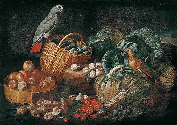Still Life With Parrots, Pumpkins, Tomatoes, Figs, Peaches And Plums In A Basket Oil Painting by Jacob van der (Giacomo da Castello) Kerckhoven