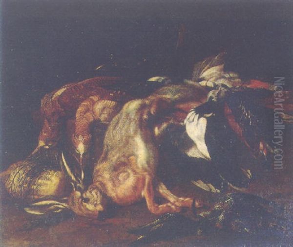 A Dead Hare And A Dead Snipe With Other Game On A Rock In A Landscape Oil Painting by Jacob van der (Giacomo da Castello) Kerckhoven