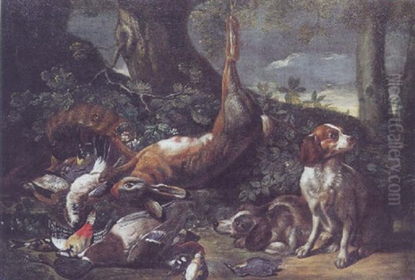 Opstillig I Landskab Med Hare, Fuglevildt Og To Jagthunde Oil Painting by Jacob van der (Giacomo da Castello) Kerckhoven