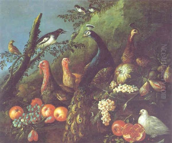 Landschaft Mit Pfauen, Truthahnen Und Anderen Vogeln, Mit Apfeln Und Weintrauben Oil Painting by Jacob van der (Giacomo da Castello) Kerckhoven