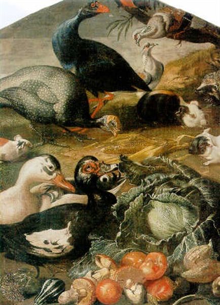 Ducks, Guinea Fowl, Pigeons, Guinea Pigs, Mushrooms, Sweet Corn And Other Vegetables In A Landscape Setting Oil Painting by Jacob van der (Giacomo da Castello) Kerckhoven