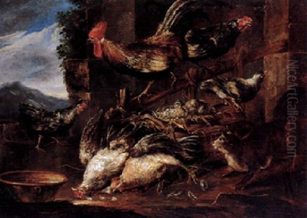 Cockerells On A Fence, Watching A Nest Of Chickens On A Yard Oil Painting by Jacob van der (Giacomo da Castello) Kerckhoven