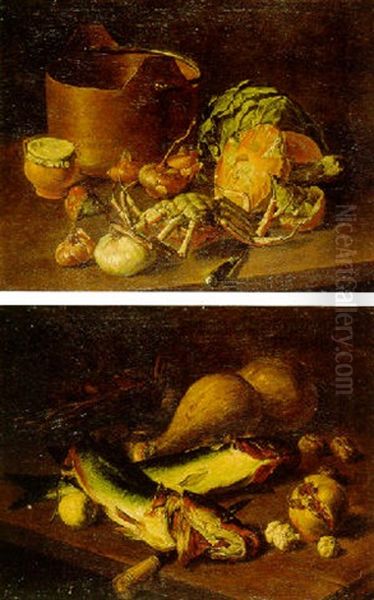 A Crab, Onions, A Covered Pot, A Copper Pan, A Cabbage, Mushrooms And A Knife On A Table Oil Painting by Jacob van der (Giacomo da Castello) Kerckhoven