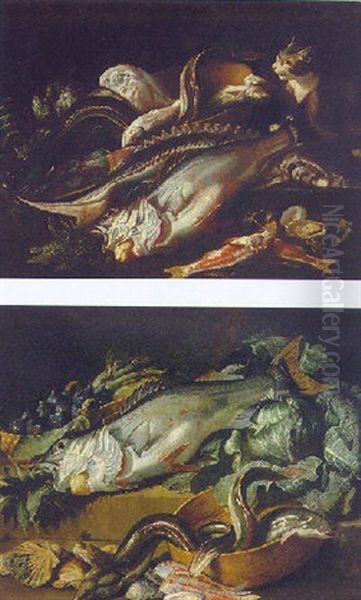 A Perch, Eels In A Wooden Bowl, Red Mullet, Oysters, Scallops, Figs In A Basket And A Cabbage On Steps Oil Painting by Jacob van der (Giacomo da Castello) Kerckhoven