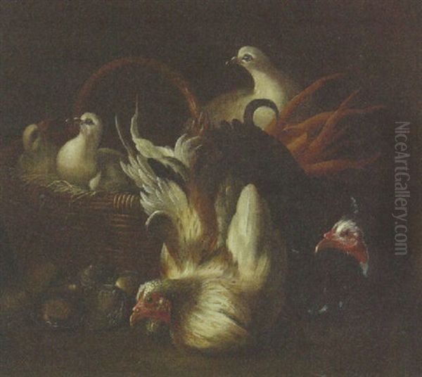 Two Chickens, Doves In A Basket And Oysters Oil Painting by Jacob van der (Giacomo da Castello) Kerckhoven