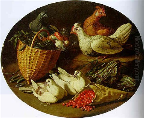 Chickens, Doves, A Pigeon, A Wicker Basket Of Onions And Other Food On A Bank Oil Painting by Jacob van der (Giacomo da Castello) Kerckhoven