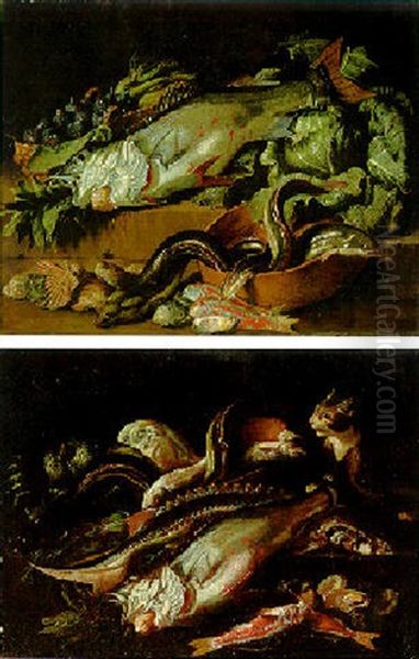A Perch, Eels In A Bowl, Red Mullet, Oysters, Figs In A Basket, And Cabbage On Steps Oil Painting by Jacob van der (Giacomo da Castello) Kerckhoven