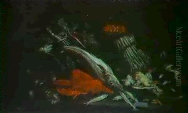 Stilleben Von Obst, Feldfruchten Und Fischen Oil Painting by Jacob van der (Giacomo da Castello) Kerckhoven