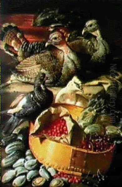 Nature Morte Aux Dindons, Pigeons Domestiques Et Fraises Des Bois, Cerises, Amandes Oil Painting by Jacob van der (Giacomo da Castello) Kerckhoven